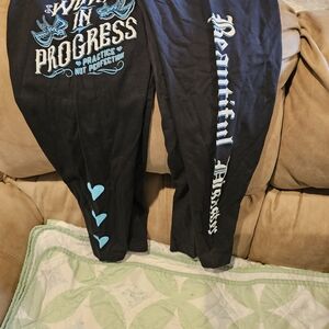Black Capris with Light Blue Script & Heart Print